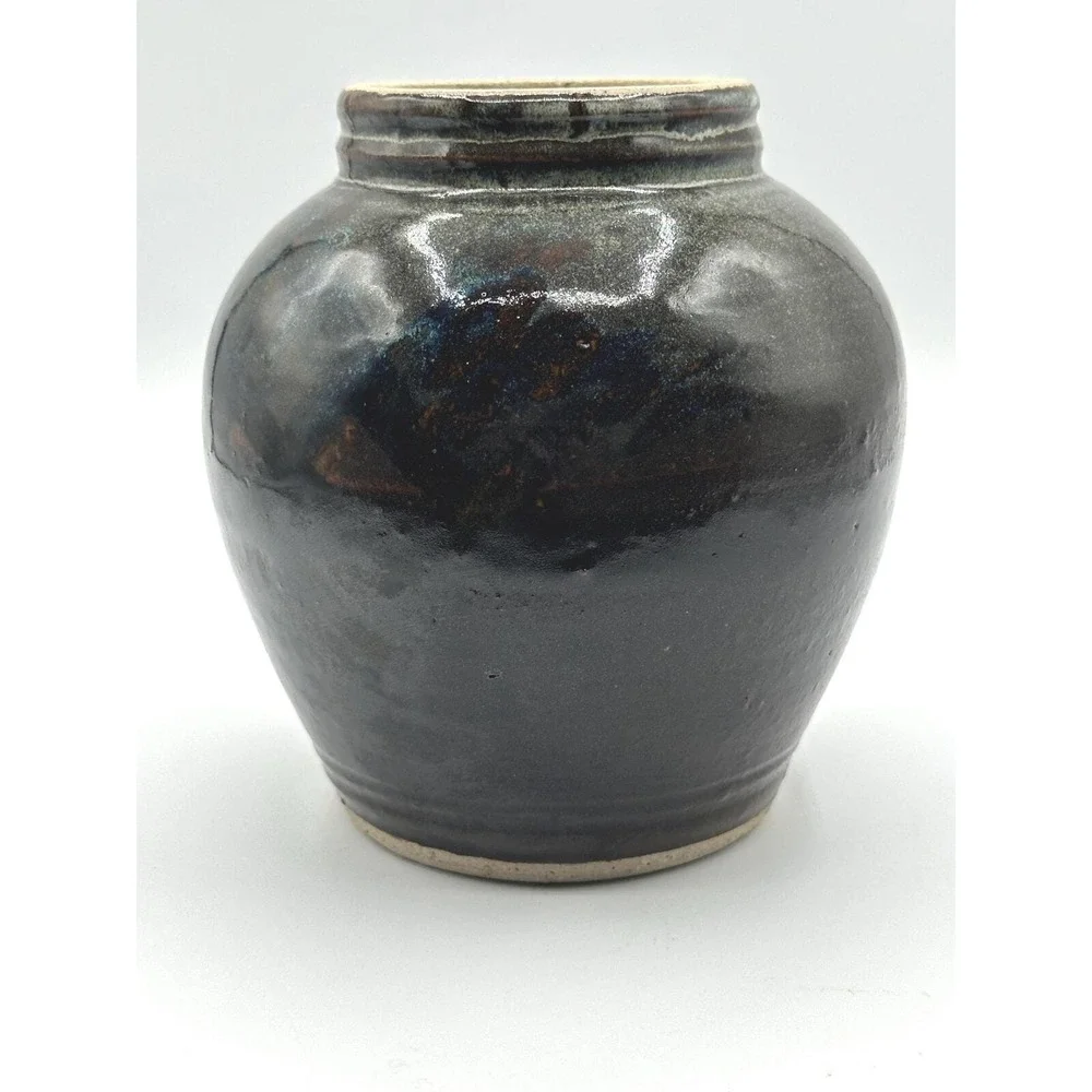 Artist Signed Handcrafted Vintage Studio Pottery Vase With Bronze and Blue Speck